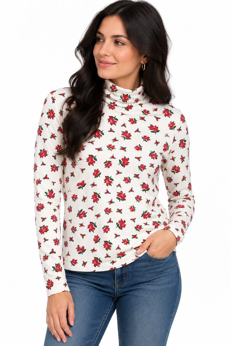 A255 White Stag Christmas Poinsettia Turtleneck Long Sleeve Top Size L